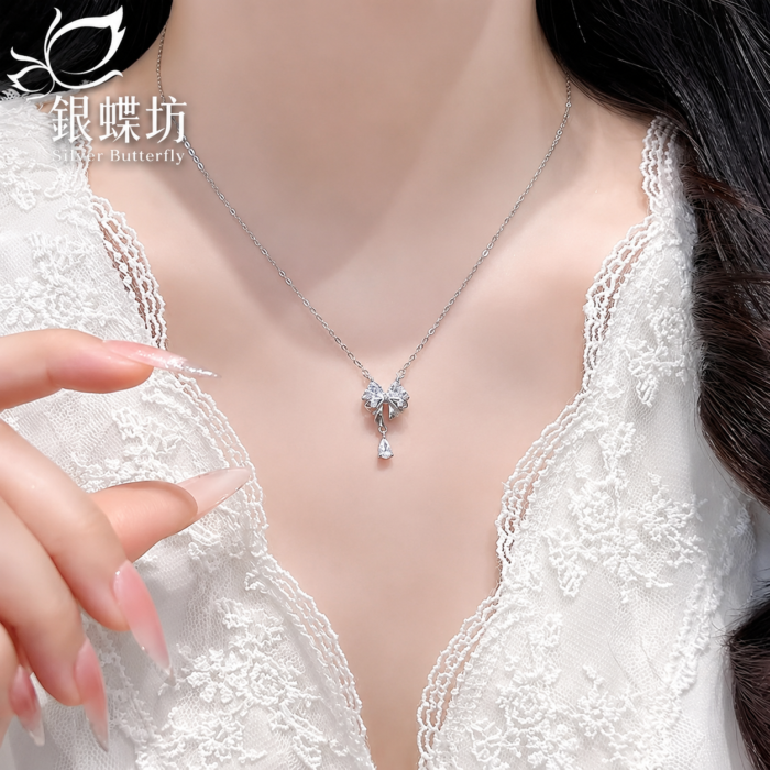 【銀蝶坊】心動蝴蝶結項鍊送女朋友夏天甜美精緻水滴鑲鑽小眾百搭頸鏈 商品影片封面